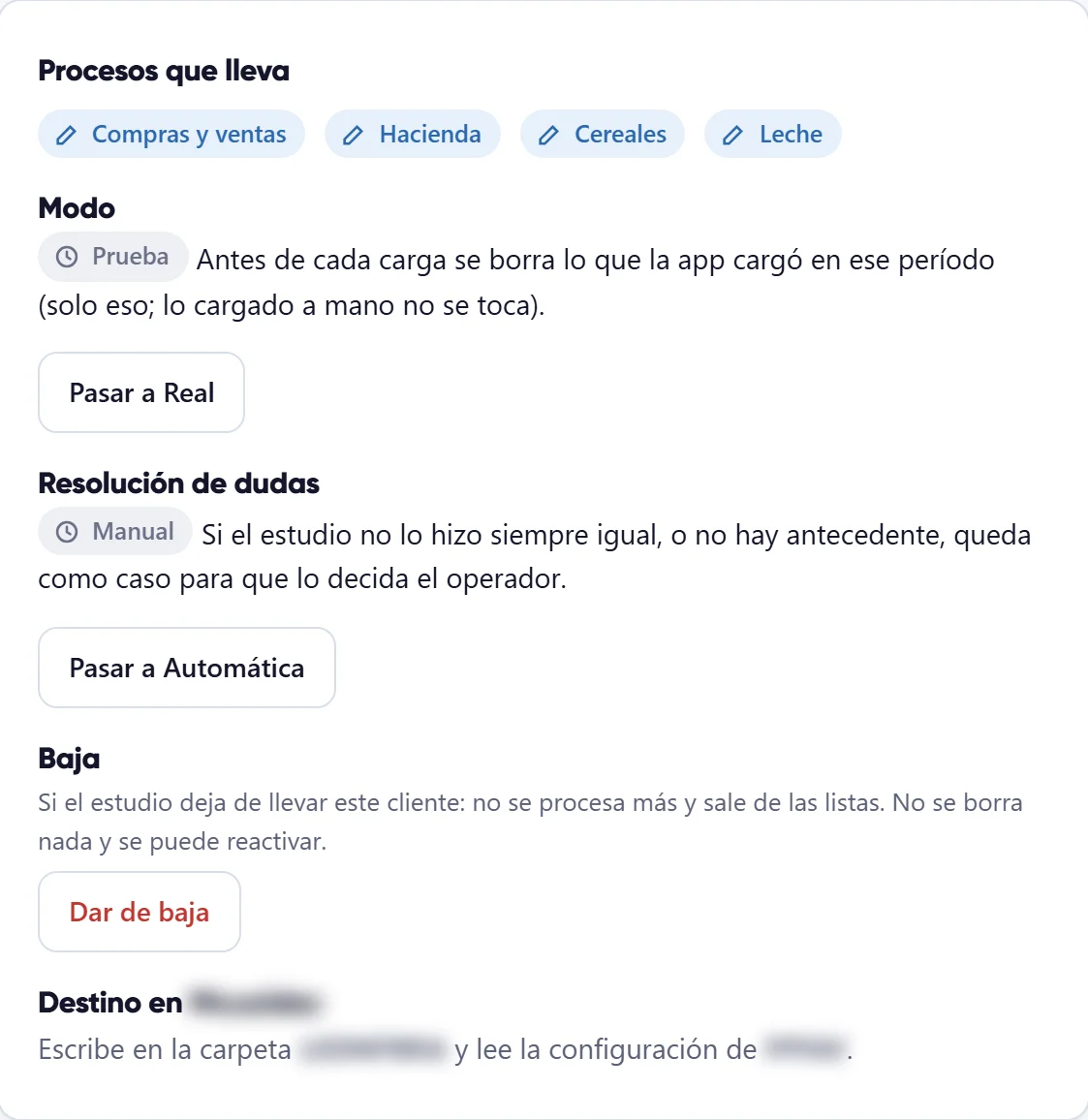 Configuración del cliente: procesos, modo, resolución de dudas, baja y destino.