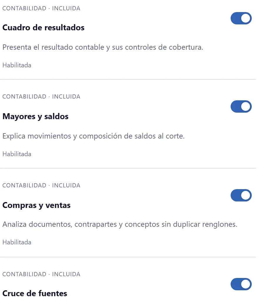 Catálogo de habilidades con su interruptor de habilitación.